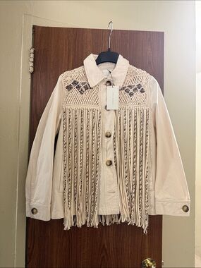 Zara Cream Crochet Yoke Fringe Utility Jacket